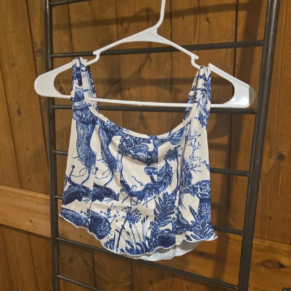 Blue and White Ruched Crop Top